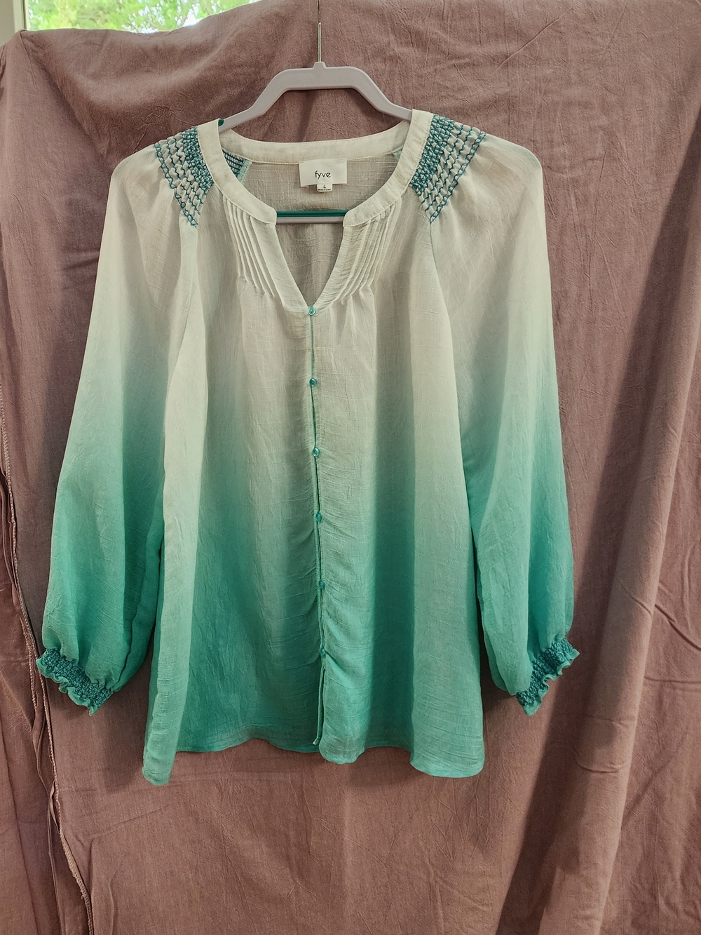 fyne Teal Ombre Button-Front Peasant Blouse